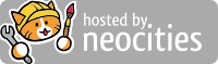 small gray rectangular box with the words hosted by neocities in white letters. On the left is an image of neocities mascot Penelope the Cat holding a wrench and a paintbrush and wearing a hard hat